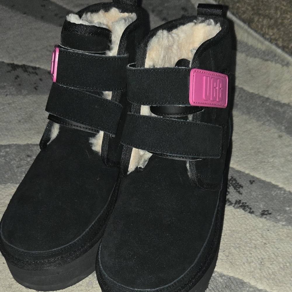 UGG Black Boots with Vibrant Pink Straps